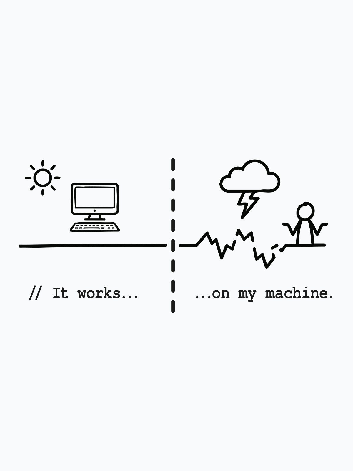 Ilustracija programerskog haosa sa duhovitim IT citatom.