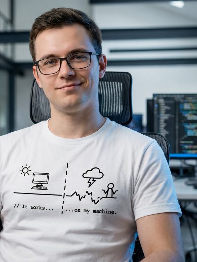 Ilustracija programerskog haosa sa duhovitim IT citatom.