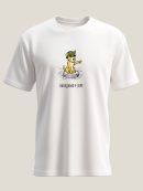 Komična ilustracija Džekija sa vojničkim &scaron;lemom na robot usisivaču, od&scaron;tampana na premium streetwear majici brenda Motivi.rs.