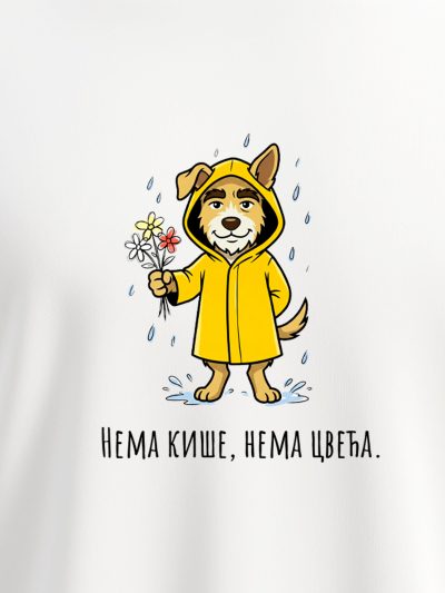Premium majica brenda Motivi.rs sa motivom psa Džekija u žutoj kabanici koji drži cveće, originalni jesenji streetwear dizajn.
