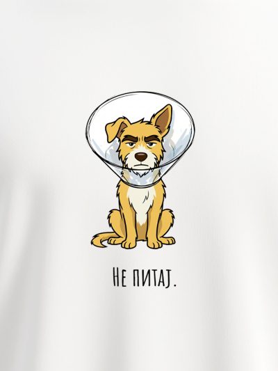 Humoristična majica brenda Motivi.rs sa motivom psa Džekija koji nosi veterinarsku kragnu srama, originalan poklon za vlasnike ljubimaca.