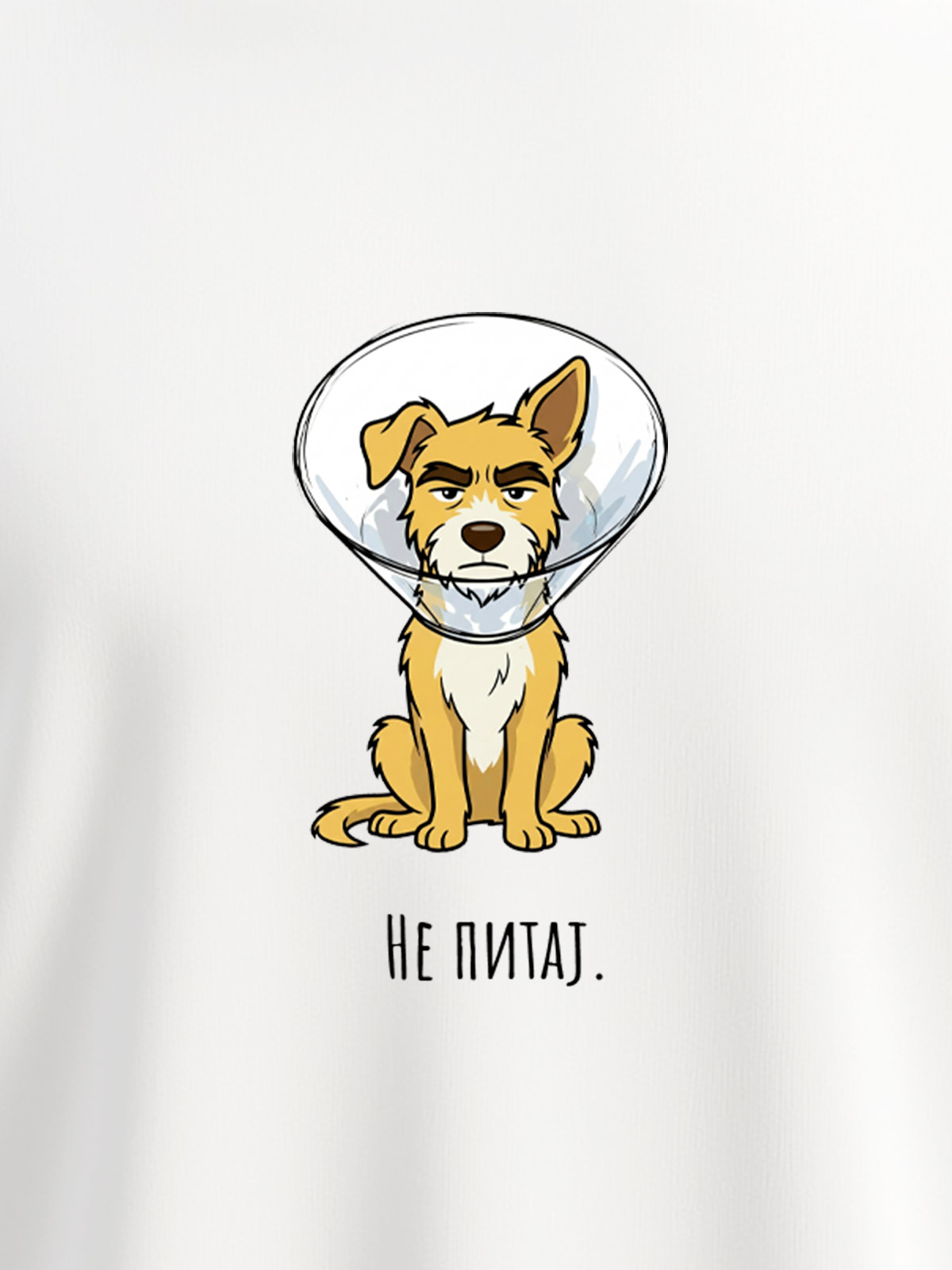 Humoristična majica brenda Motivi.rs sa motivom psa Džekija koji nosi veterinarsku kragnu srama, originalan poklon za vlasnike ljubimaca.