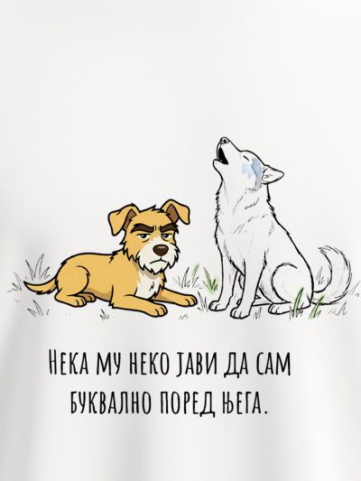 Sme&scaron;an print smorenog Džekija i haskija koji zavija, na kvalitetnoj pamučnoj majici brenda Motivi.rs, za prave ljubitelje pasa.